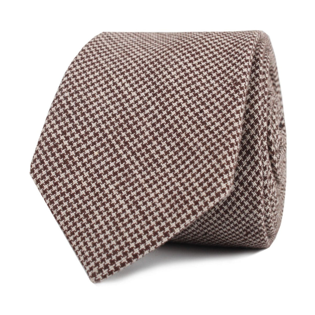 Brown Houndstooth Linen Skinny Tie Front Roll