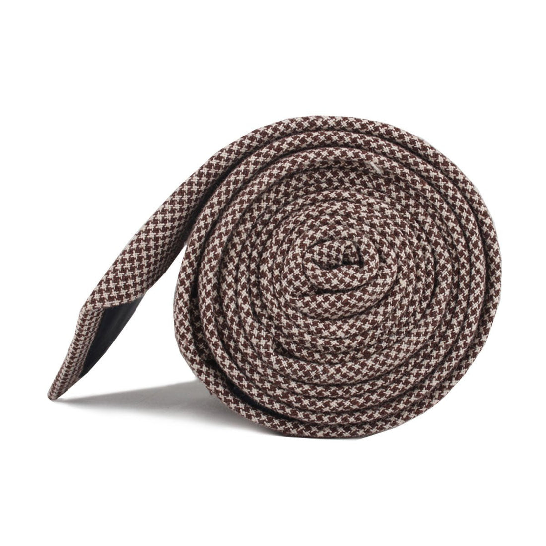 Brown Houndstooth Linen Skinny Tie Side Roll