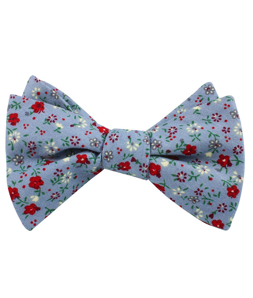 Crimson Rose Steel-Blue Floral Self Bow Tie Folded Up