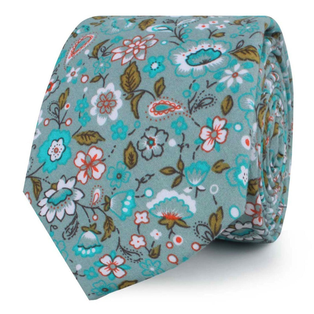 Japanese Sage Green Floral Skinny Ties