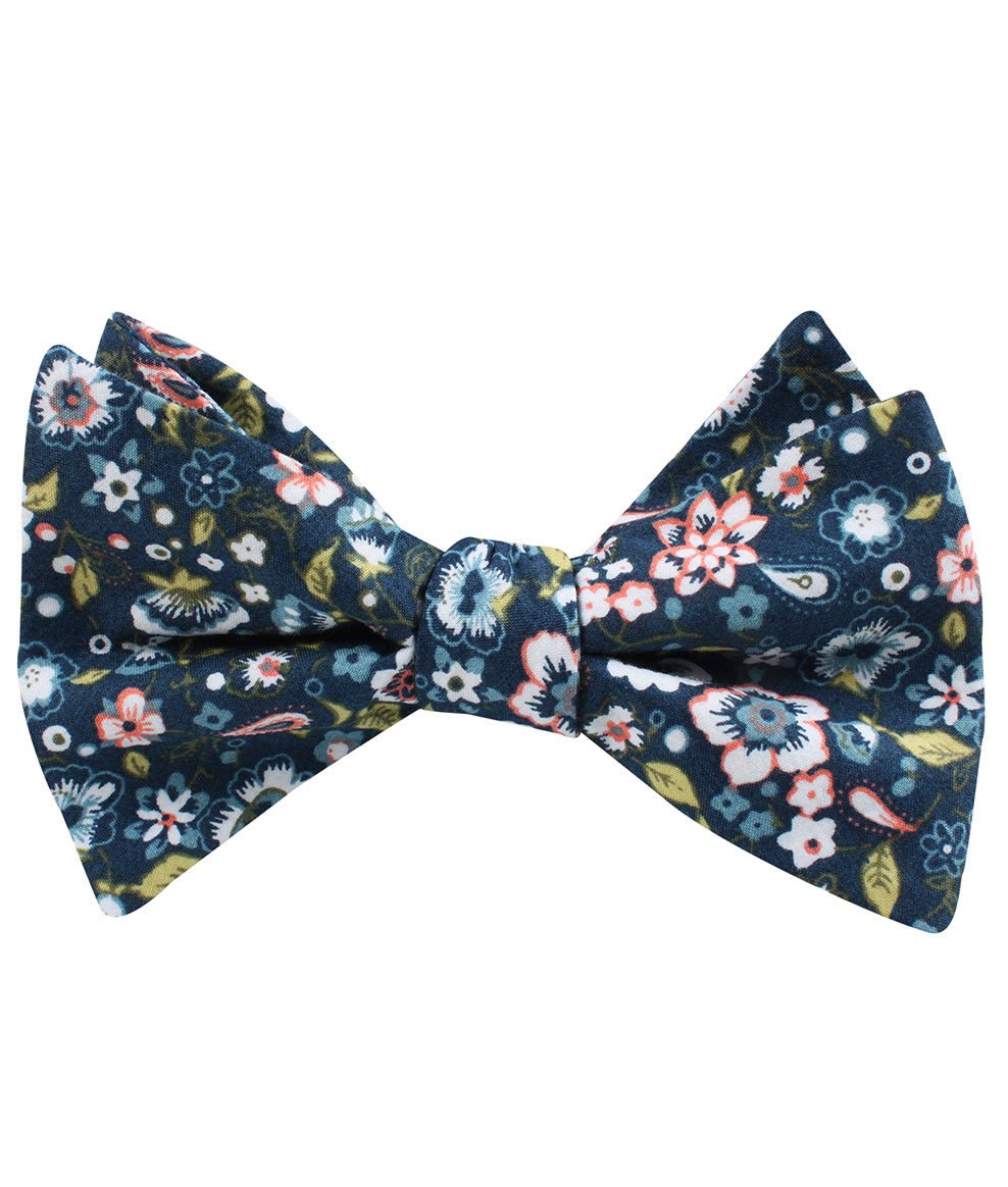 Mediterranean Midnight Blue Floral Self Bow Tie Folded Up