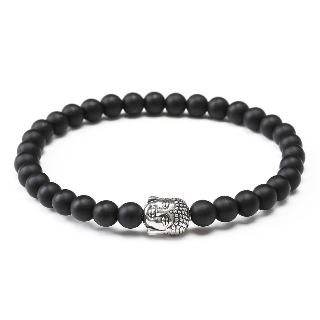 Onyx Matte Stones With Mini Silver Buddha Bracelet