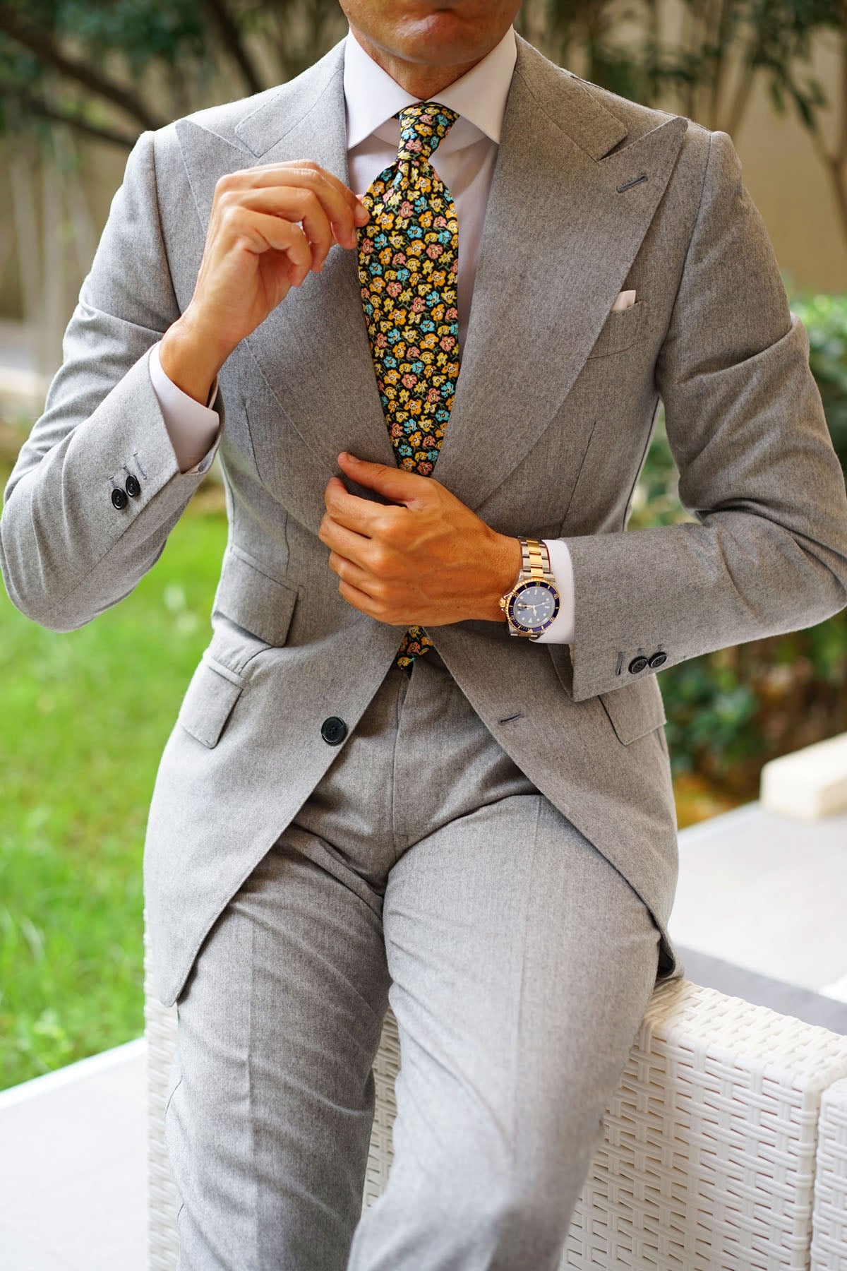 Huelva Yellow Floral Necktie | Flower Tie | Black Pattern Ties for Men ...