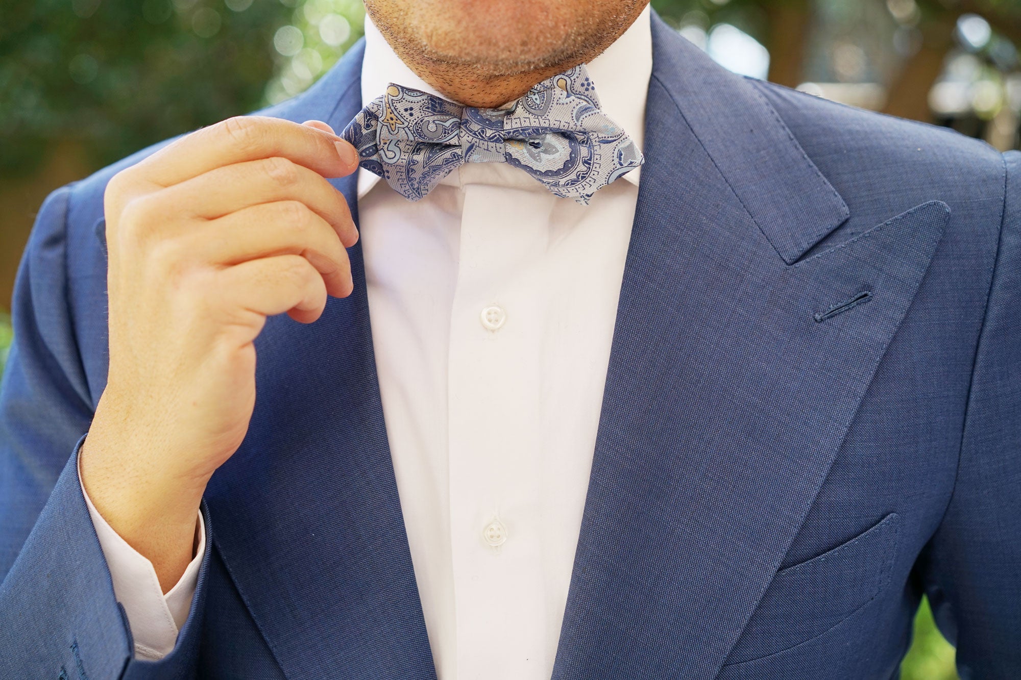 Paisley Silver Bow Tie | Light Blue Patterned Bowtie | Luxury Bow Ties - Paisley Silver Bow Tie with Light Blue Silver