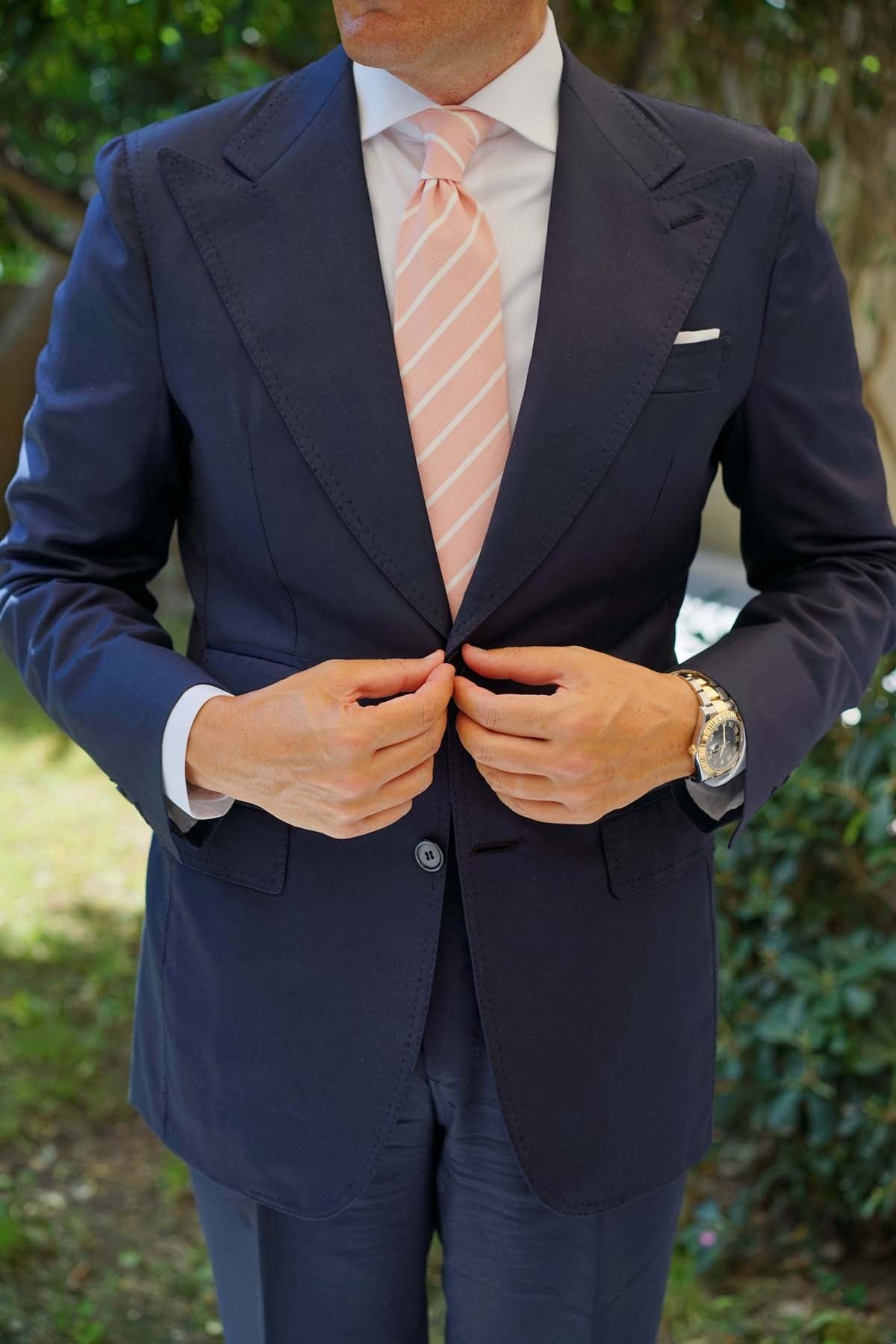Santorini Pink Blush Striped Linen Necktie | Wedding Tie | Men's Ties ...