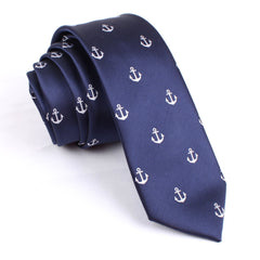 Navy Blue Anchor Skinny Tie | Nautical Print Slim Ties Mens