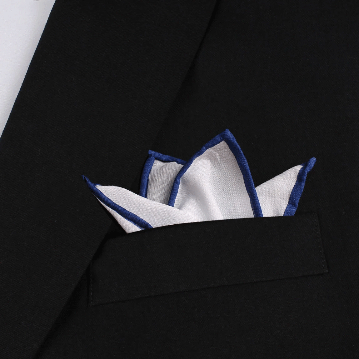 White Cotton Pocket Square with Dark Blue Border