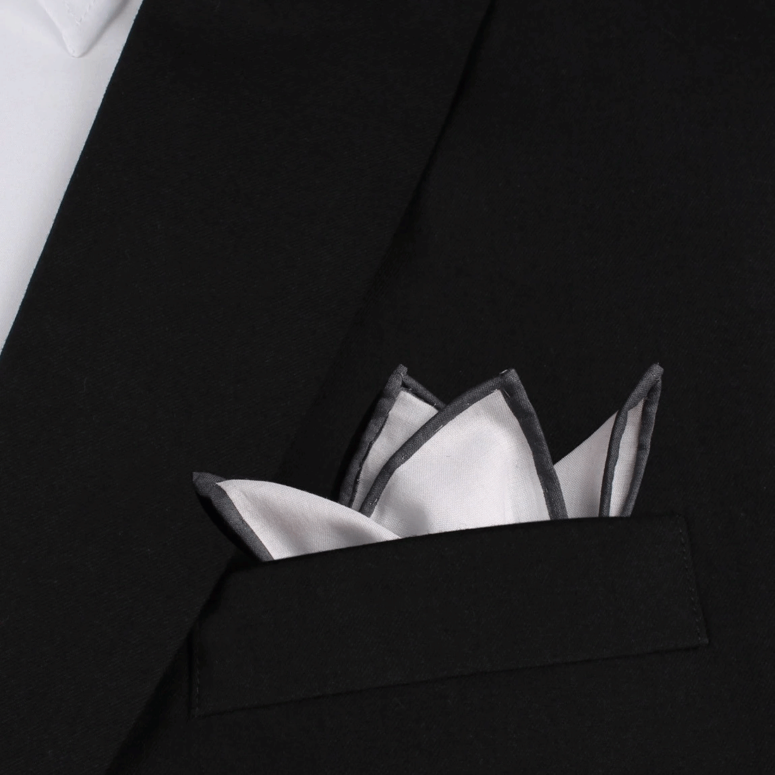 White Cotton Pocket Square with Charcoal Grey Border